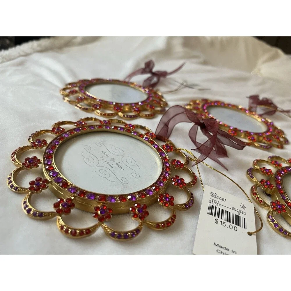 Home For The Holidays Gold w/ Bling Round Hanging Photo Frame Ornaments Set of 4